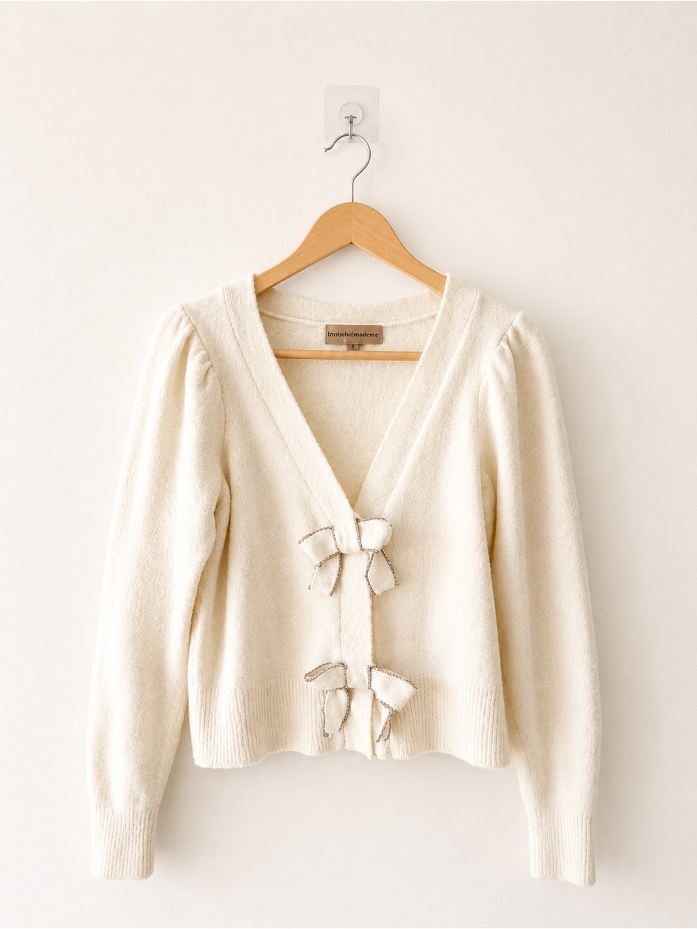 Cream V-Neck Bow-Front Women's Sweater